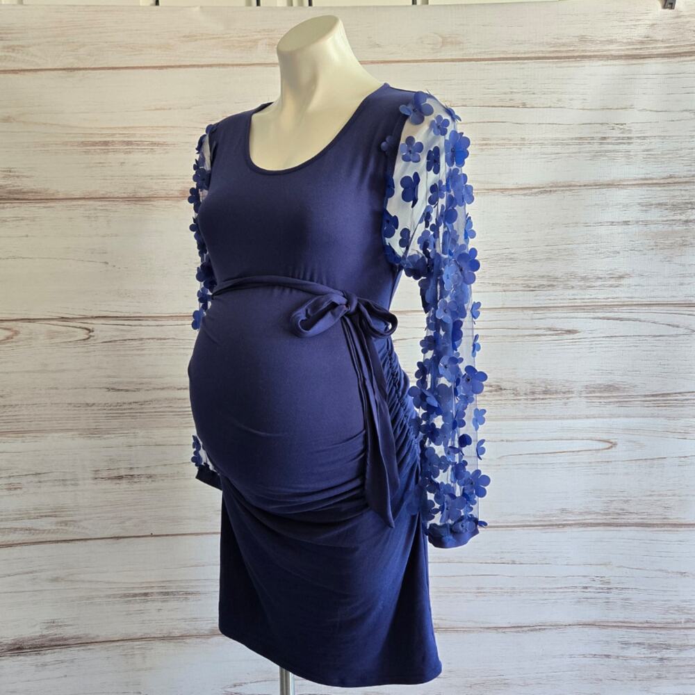 Navy Blue Floral Sheer Statement Sleeve Party Dress Maternity sz M